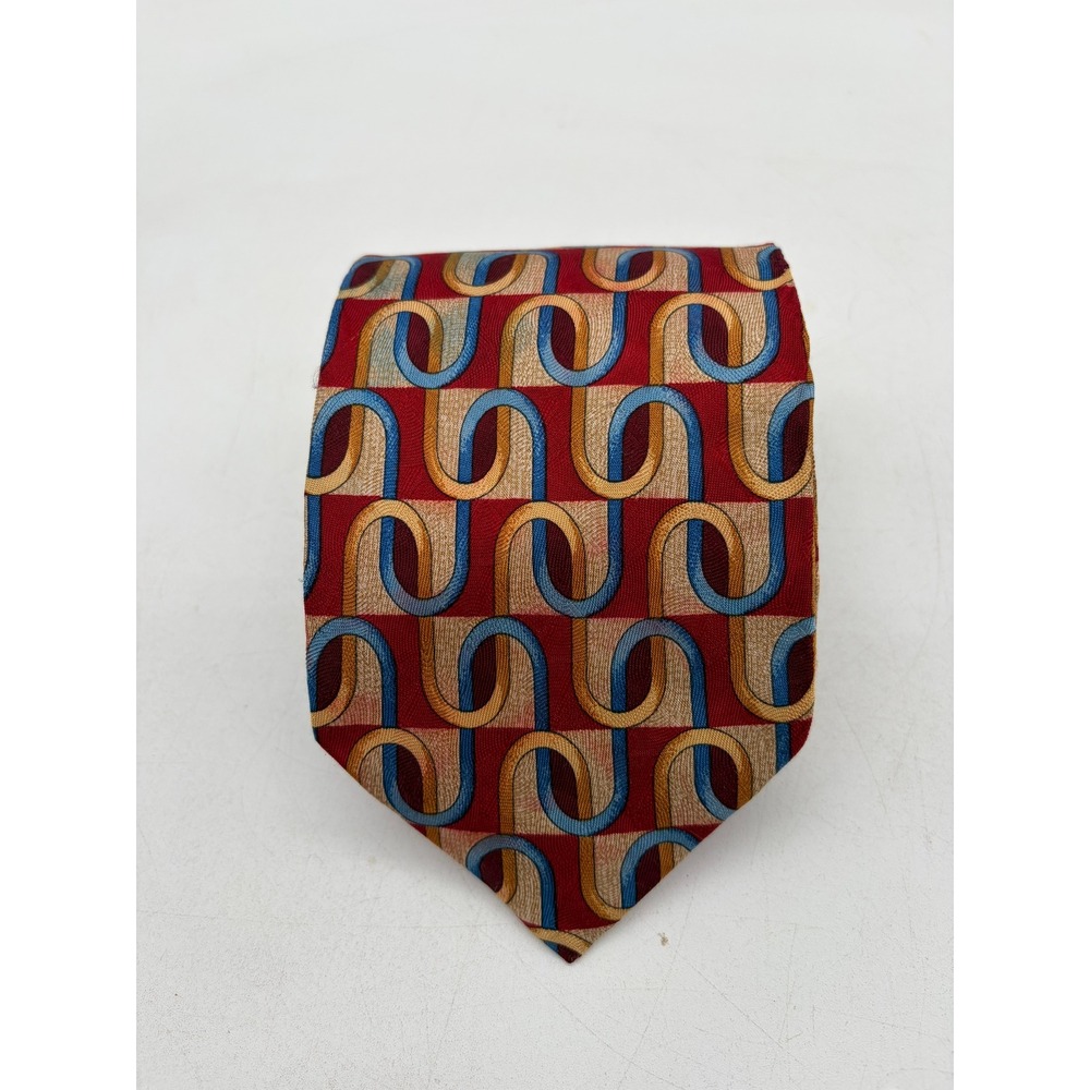 Ermenegildo Zegna Silk Tie Red Blue Gold Geometric Chain Link Made in Italy Lux